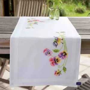 Vervaco: Traced Linen Kit - Table Runner, Little Birds and Pansies